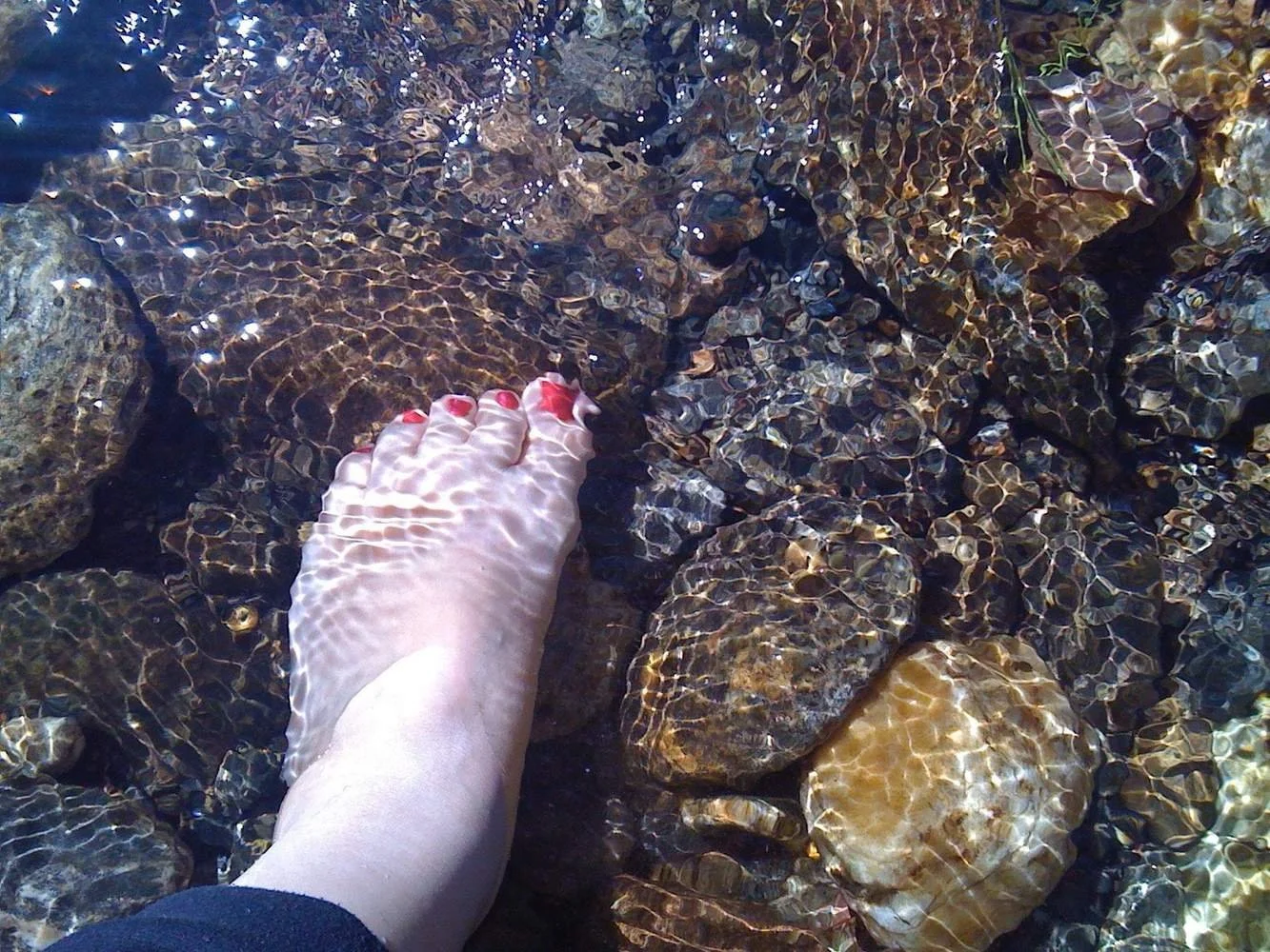 A bare foot with red toenails resting in a clear, sunlit rocky stream