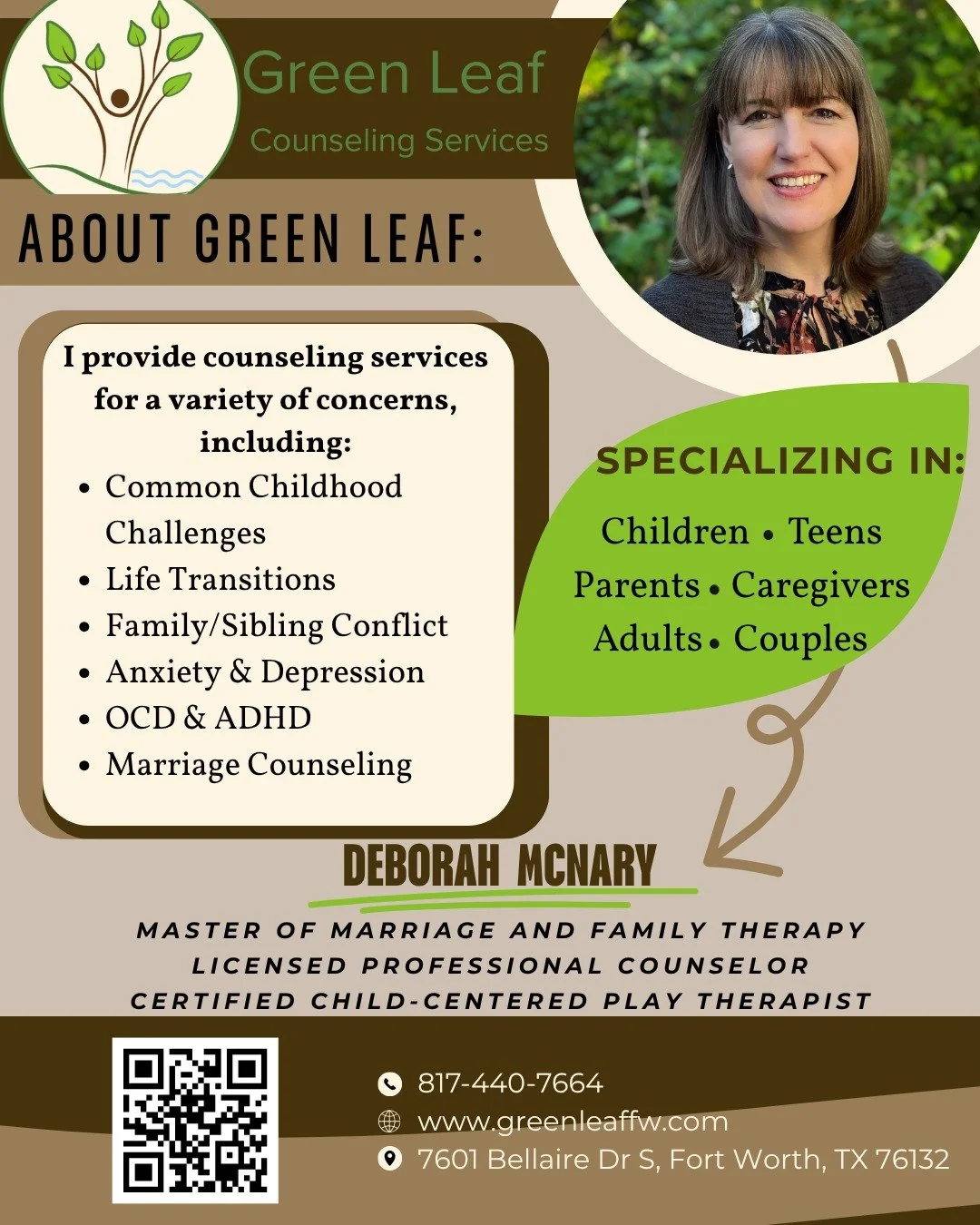 Introducing Green Leaf Counseling Services! I'm passionate about working with children, individuals, and families, and I am located in southwest Fort Worth. More information can be found in the QR code, or the link to my website in my bio.

#therapy#