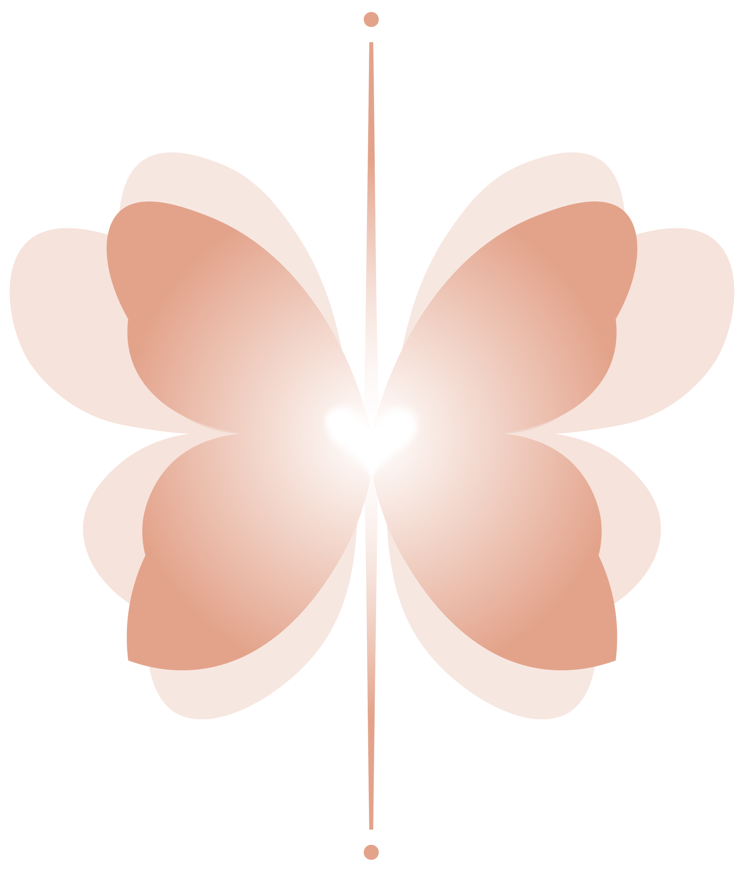 A symmetrical, stylized butterfly with beige and light brown wings and a thin beige body, positioned with wings spread open and facing forward.