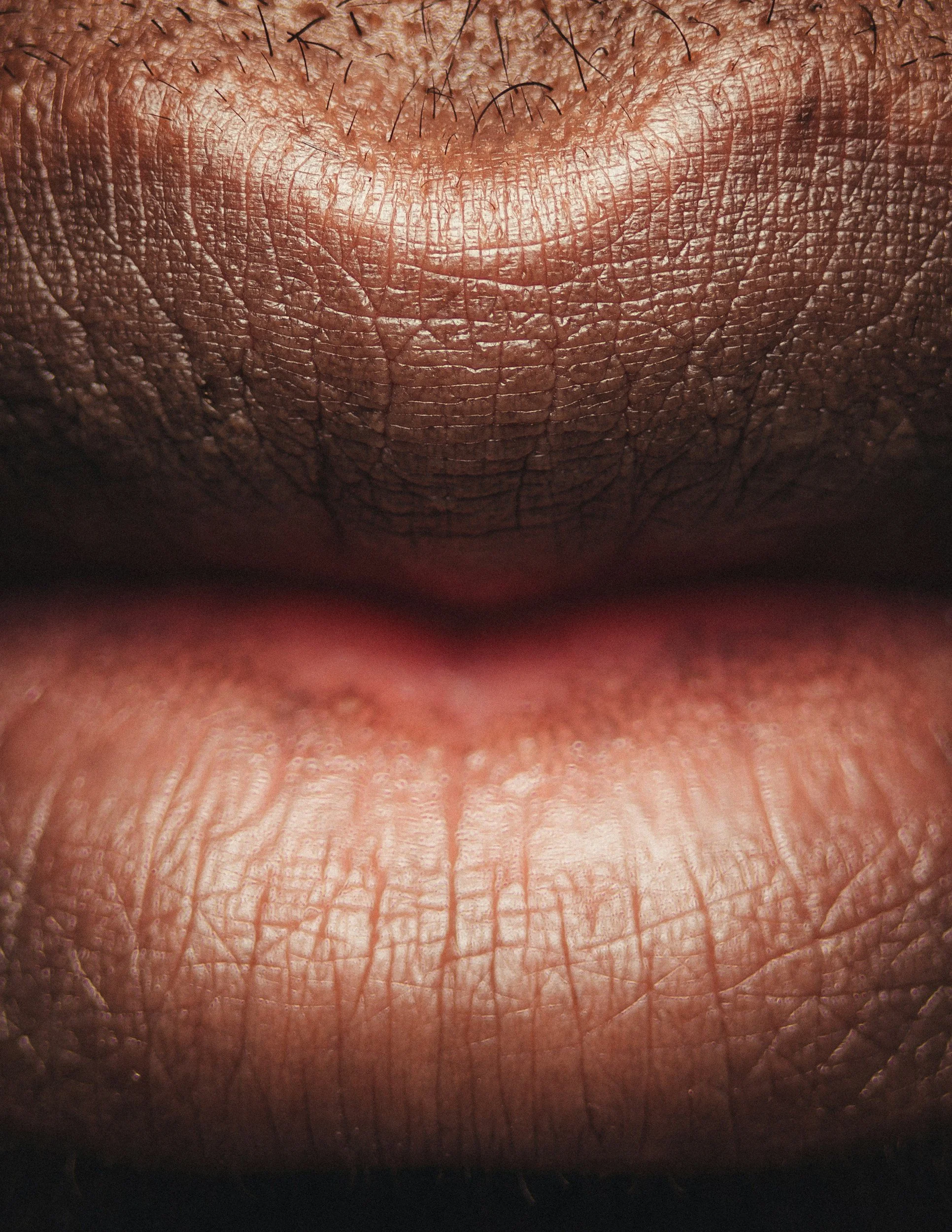 Close-up of a person's beautiful full lips, displaying detailed texture and wrinkles.