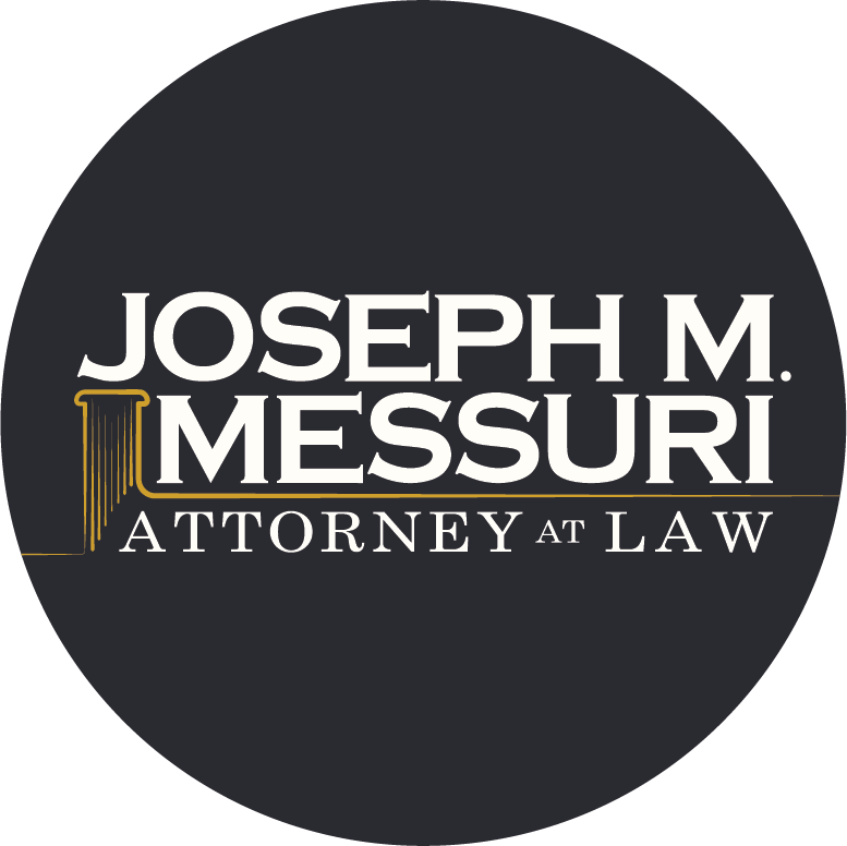 Logo for Joseph M. Messuri, Attorney at Law with a dark gray background, white text, and a gold gavel illustrated on the left side.