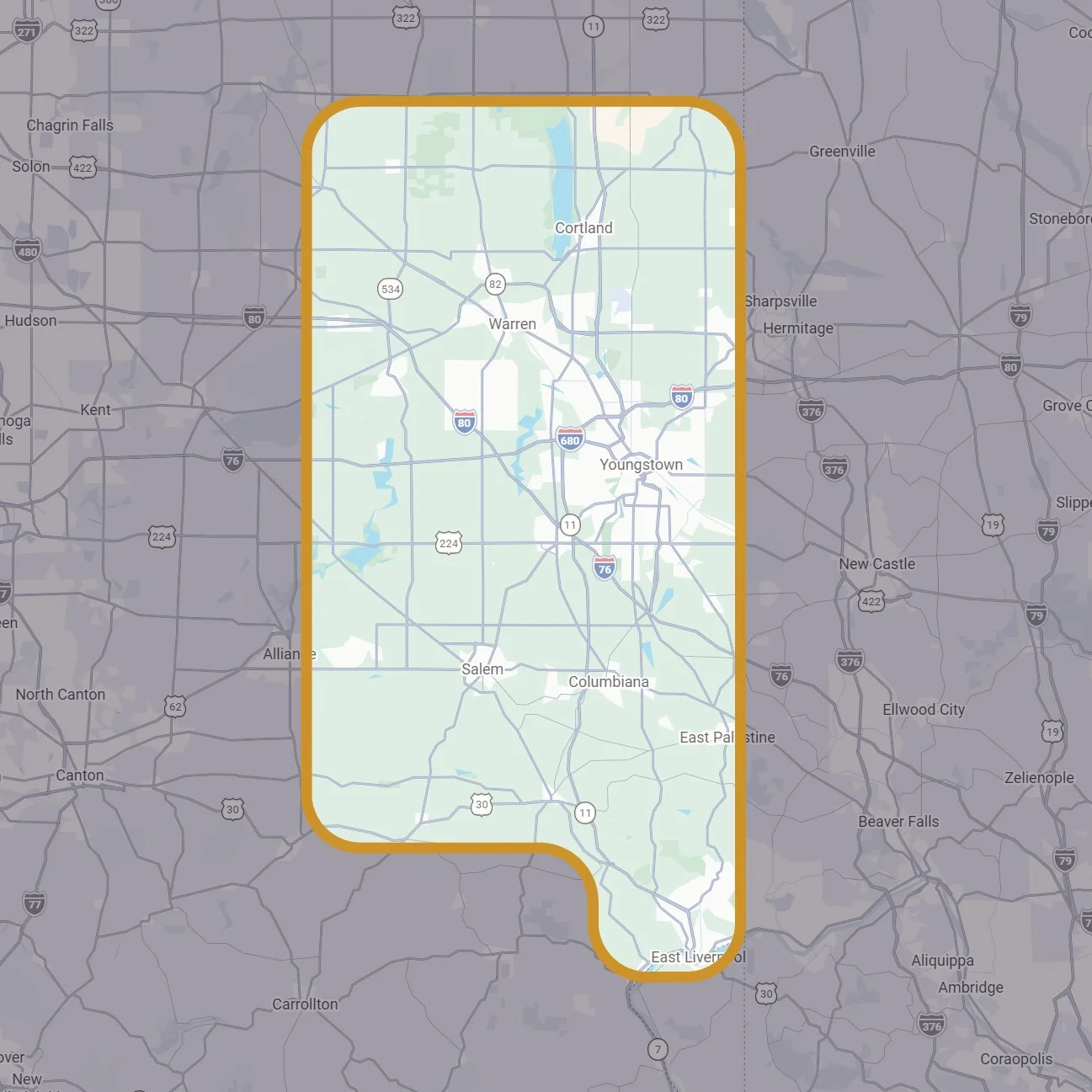 Map showing the city of Warren, Michigan and surrounding areas, highlighted with an orange border.