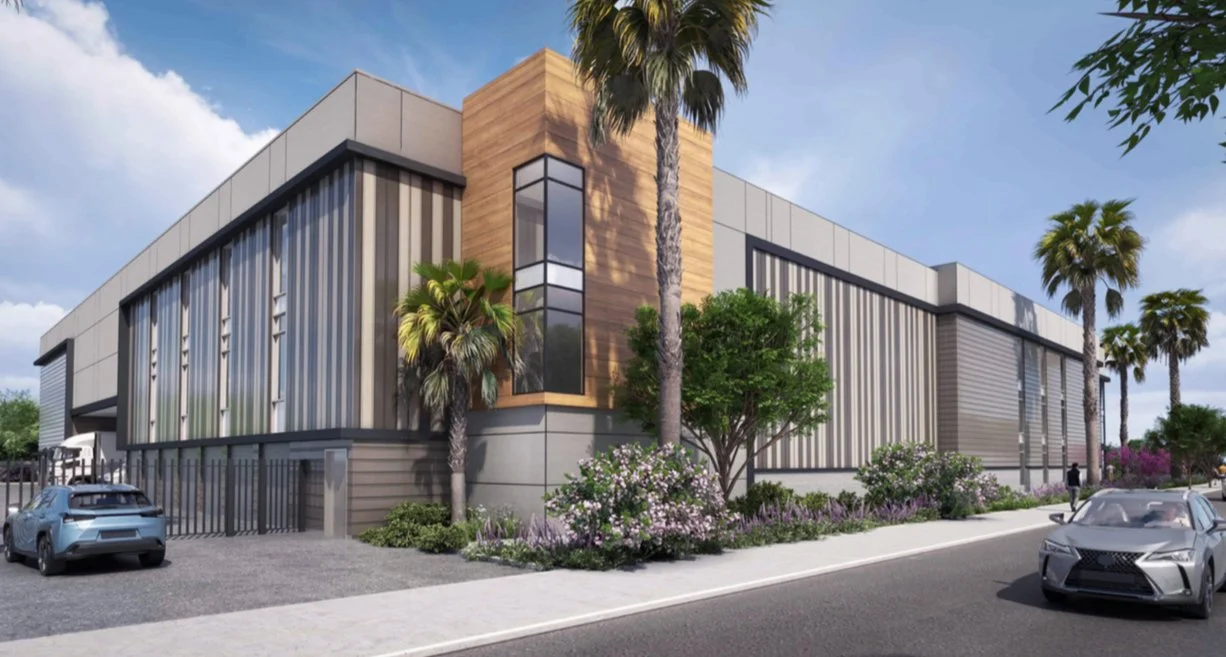 Exterior rendering of gated security and YourSpace Self-Storage architecture with wood paneling and large windows.