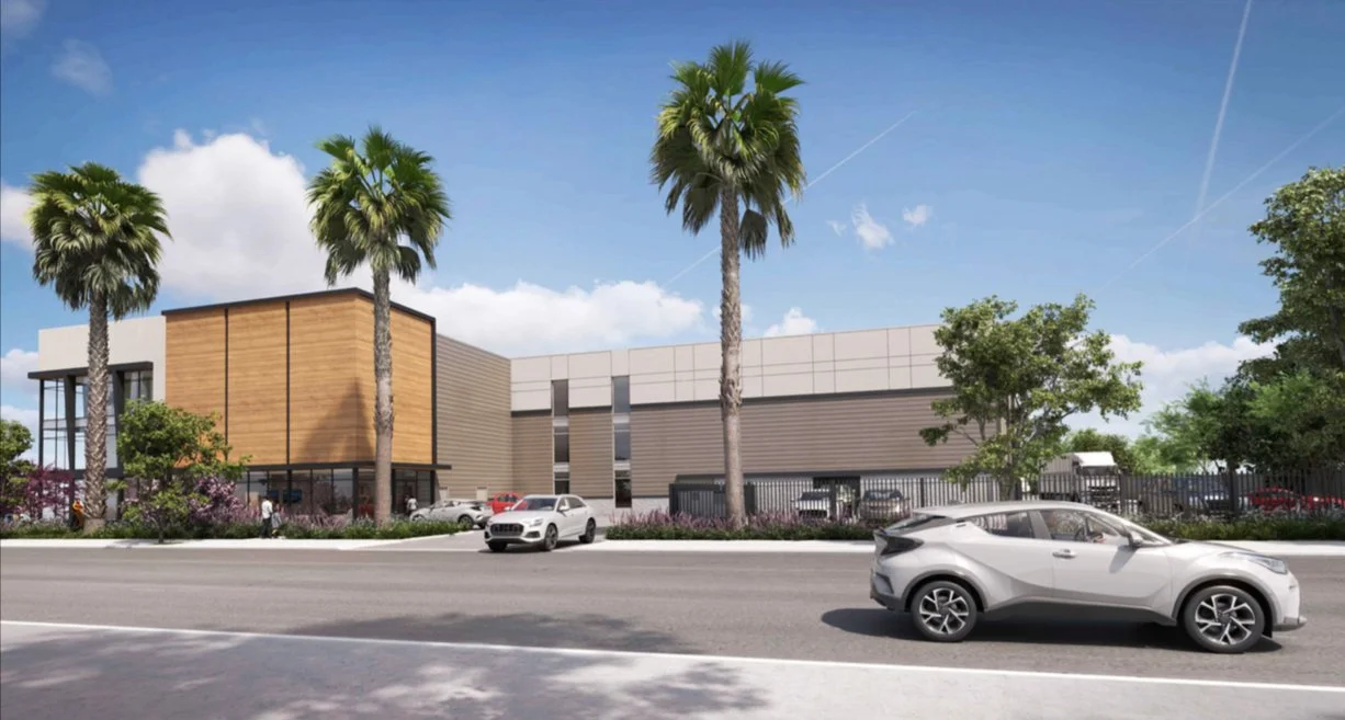 Exterior rendering of gated entrance to the parking lot, accessible from Vicennes Street in Northridge.