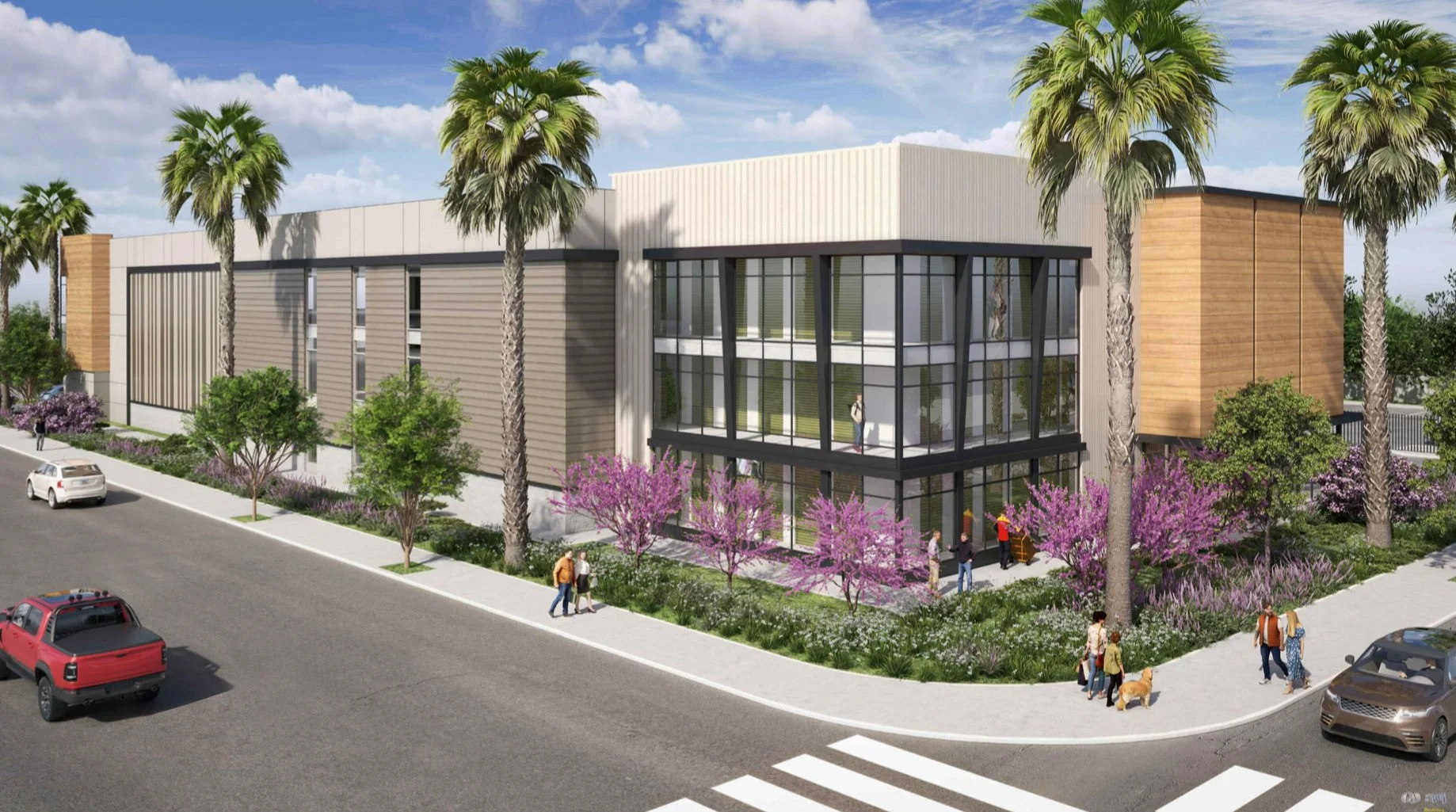 Exterior rendering of upscale YourSpace Self-Storage and lush landscaping on Reseda Blvd. in Northridge.