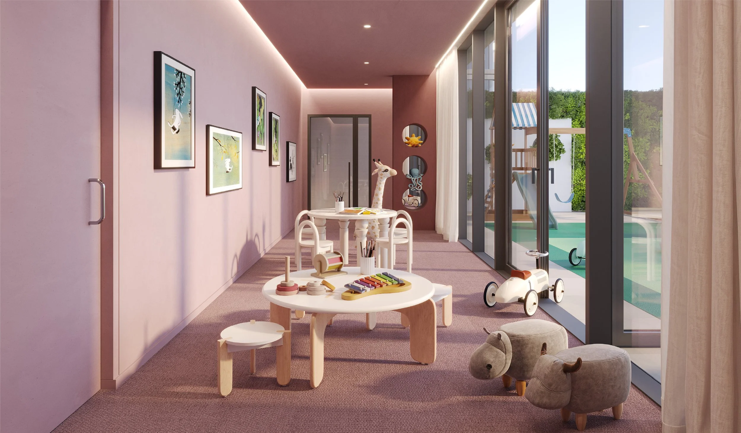 A bright playroom with pink walls, featuring children's furniture, toys, and artwork. Large floor-to-ceiling windows overlook an outdoor play area with a slide and swings.