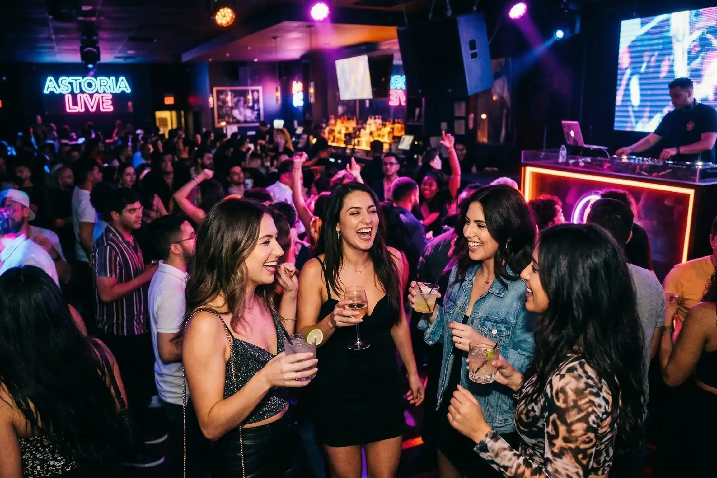 A crowded nightclub with people dancing and socializing, a bar in the background, colorful lights, and a DJ playing music. A sign reads 'ASTORIA LIVE'.