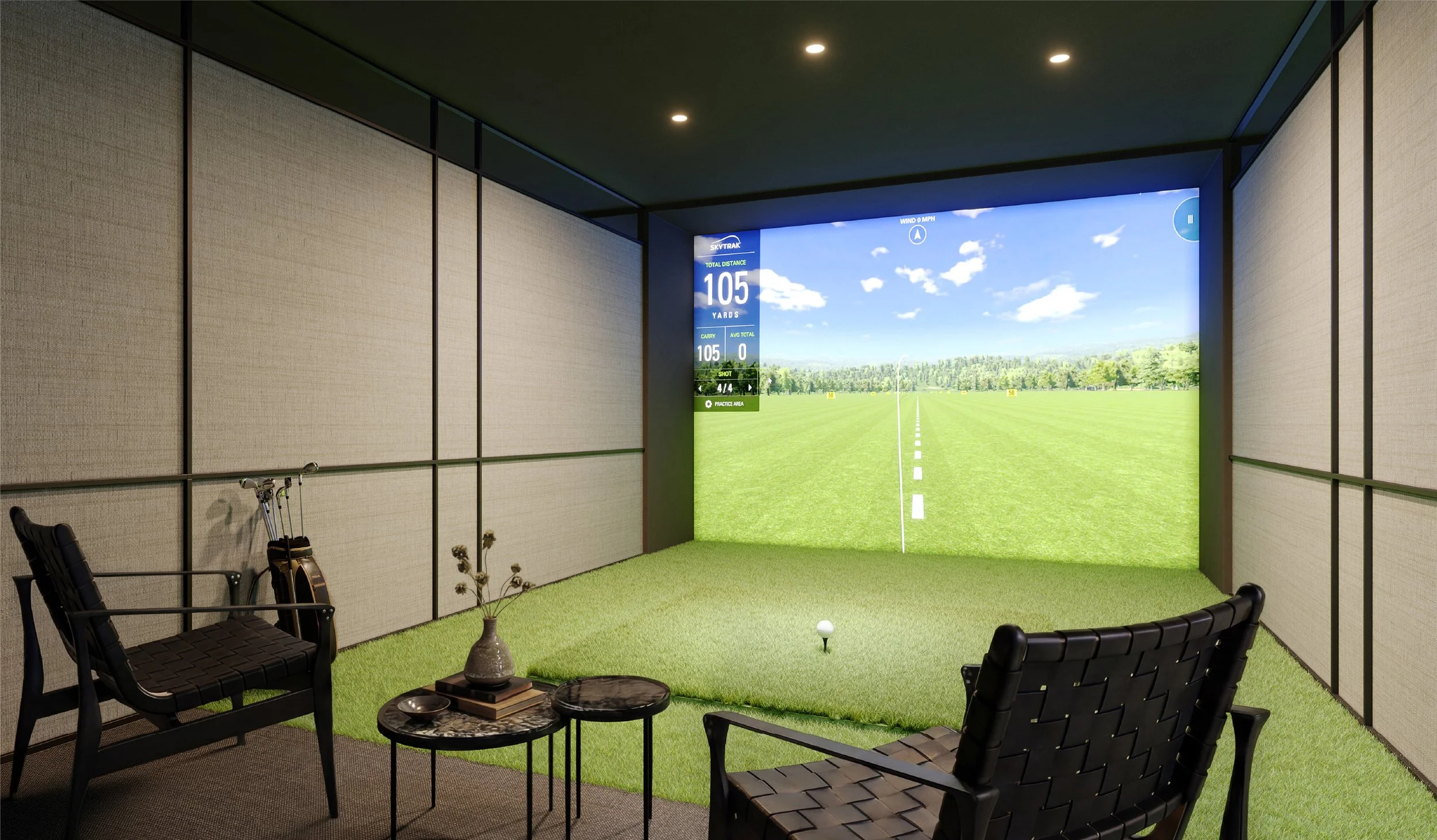 Indoor golf simulation room with artificial grass, a large screen display showing a golf course, chairs, small tables, and some decorative plants.