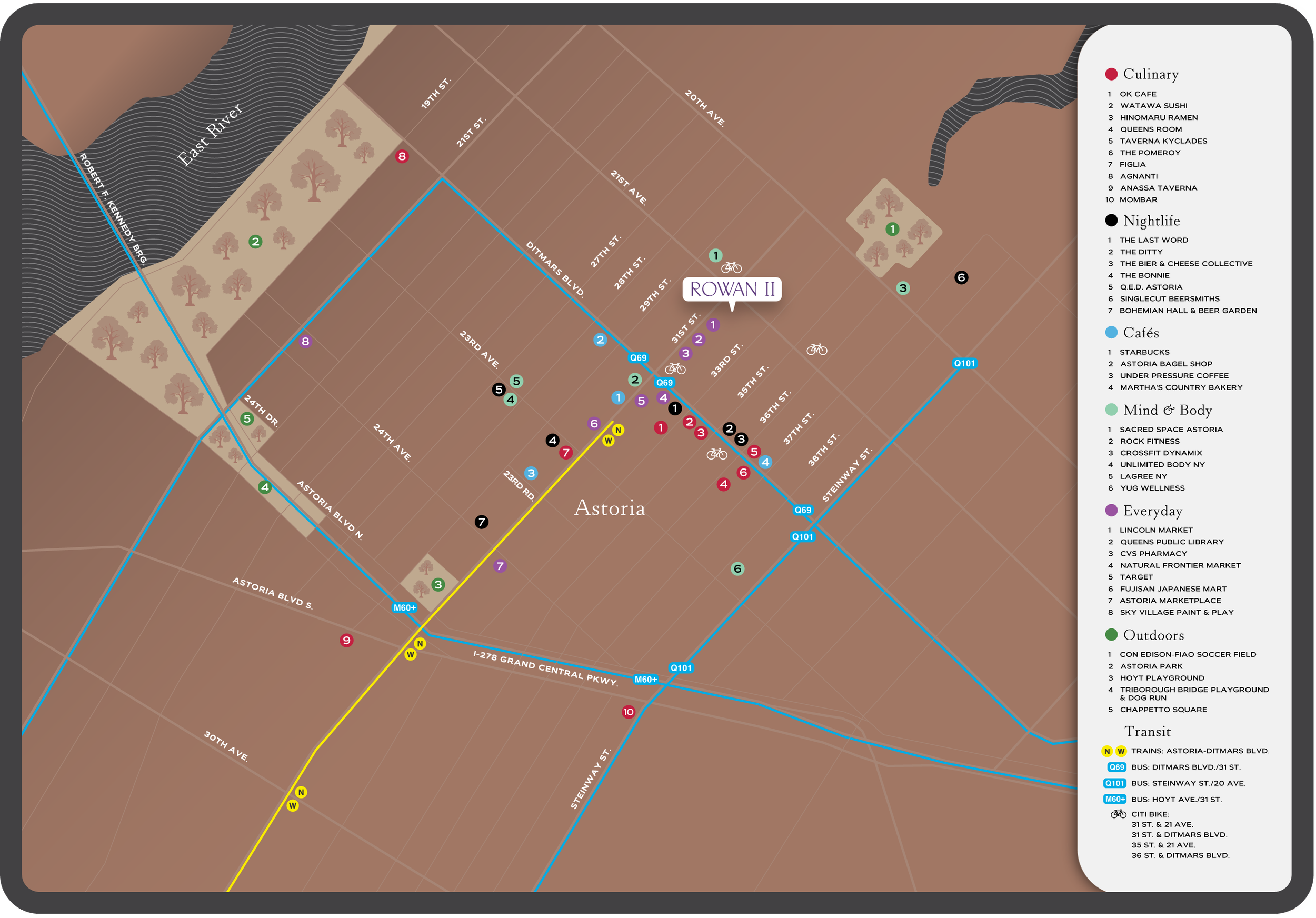 A map of Astoria featuring landmarks, transit routes, and key locations categorized by type, including cultural spots, nightlife, everyday destinations, outdoor areas, and transit options.