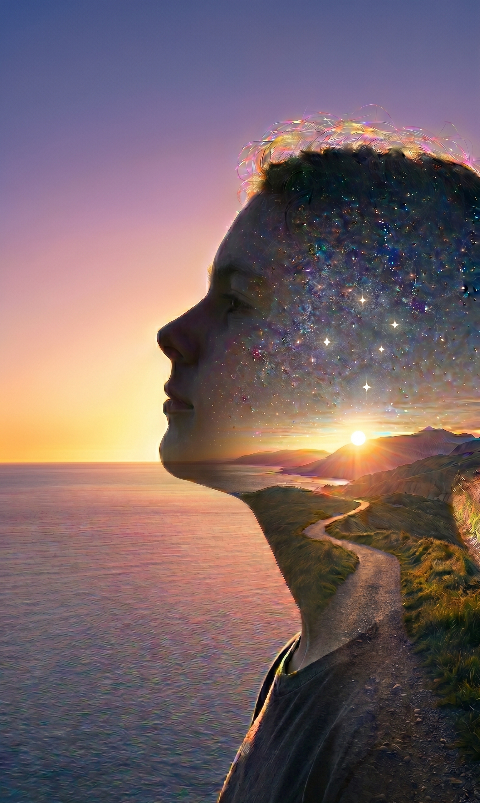 An artistic rendering of a youth looking hopefully to the future after receiving excellent care from Dr. Evan Wilson and Dr. Tim Cederman at Mind Horizons Child & Family Psychiatry, visualised with a sunrise over a winding path.