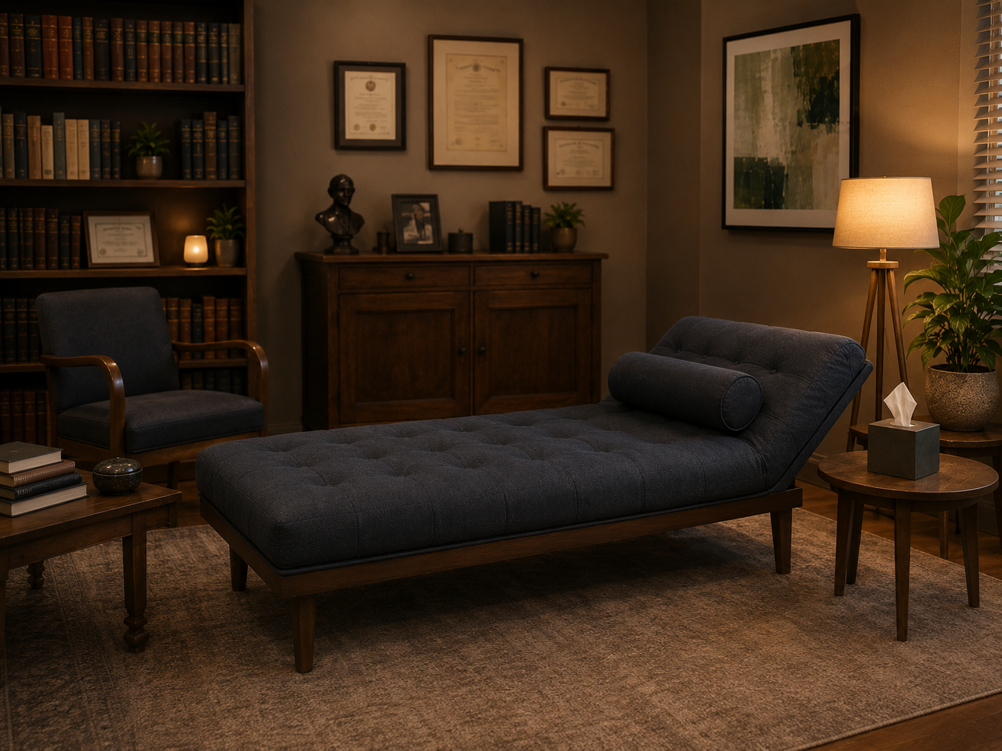 A cozy living room with a dark wooden bookshelf filled with books, framed diplomas, a small lamp, and decorative items. In the center is a dark gray chaise lounge with a round pillow, next to a wooden side table with a tissue box, and a potted plant. A floor lamp with a beige shade and framed artwork are on the walls.