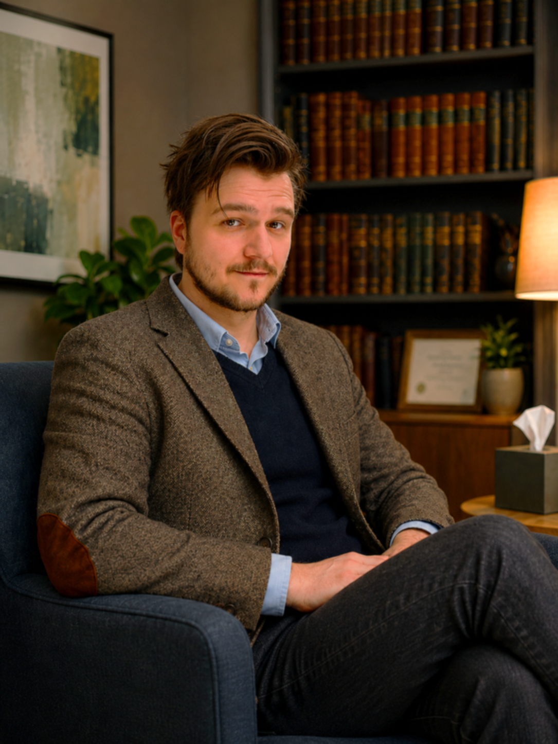 A man with brown hair and a beard sitting on a blue armchair in an office, wearing a brown blazer, light blue shirt, and dark pants, with bookshelves and a framed certificate in the background.