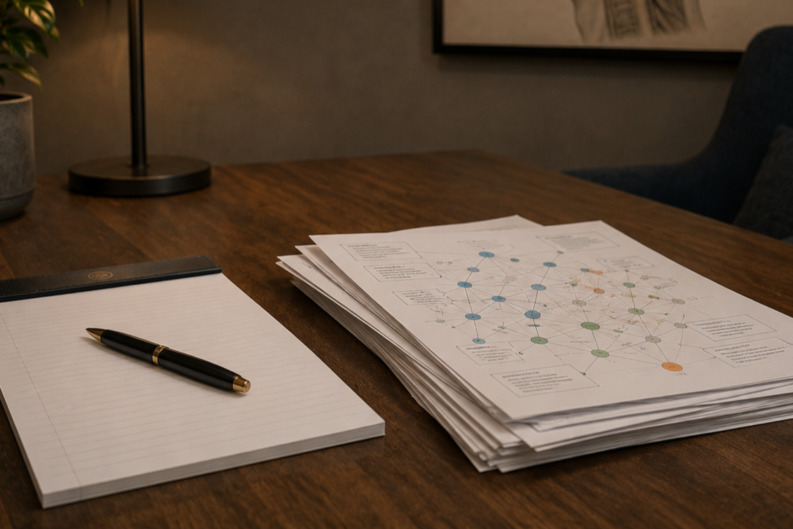 A wooden desk with a notepad and pen, a stack of papers with flowcharts or diagrams, a small potted plant, and a desk lamp.