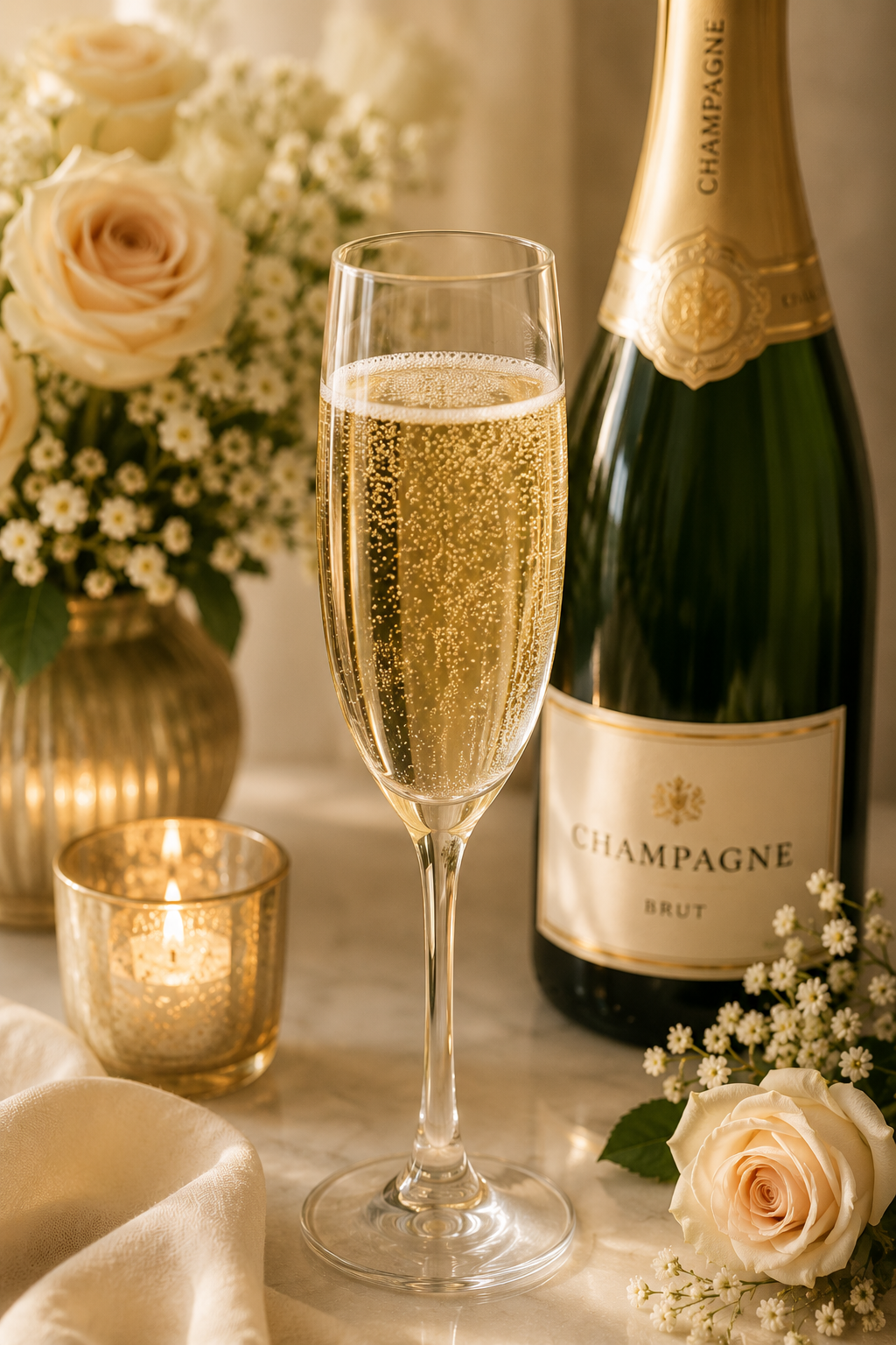 A champagne flute filled with bubbly champagne, a bottle of champagne labeled "Champagne Brut," white roses and small white flowers in a gold vase, and a lit candle in a gold holder, all on a marble surface, creating an elegant celebration setting.