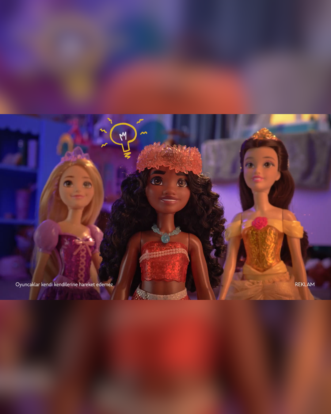 Three dolls from Disney's princess series on a colorful background, with a speech bubble and a lightbulb drawing above the middle doll.