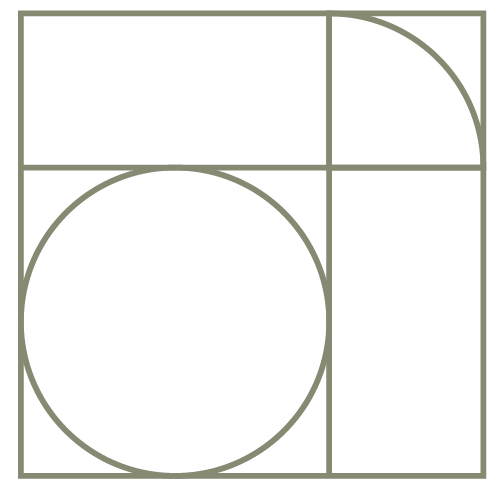 Geometric drawing of an outline square with sections divided by vertical, horizontal, and diagonal lines.