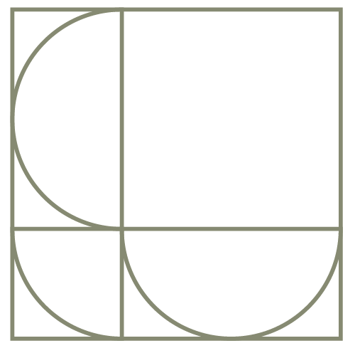 Geometric drawing of an outline square with sections divided by vertical, horizontal, and circle lines.