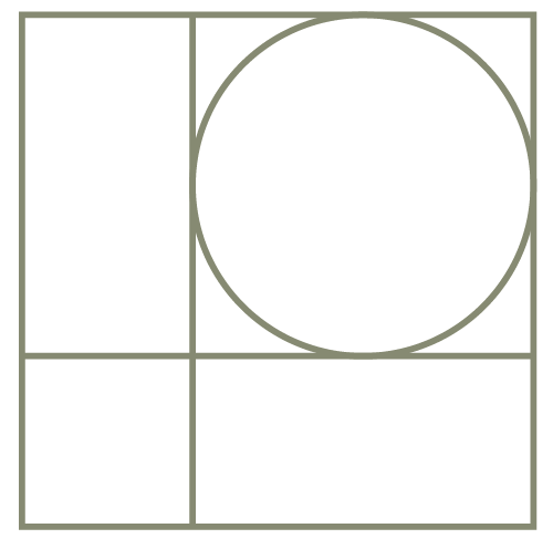 Geometric drawing of an outline square with sections divided by vertical, horizontal, and half circle lines.