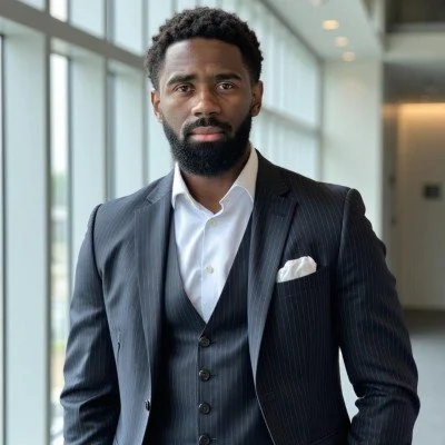 A man with a beard wearing a dark pinstripe suit, white shirt, and pocket square, standing indoors with large windows in the background.
