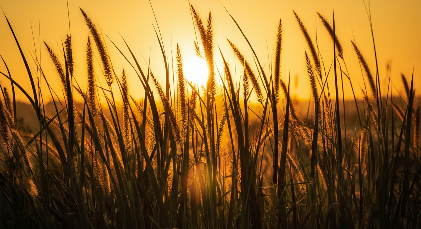 Sunset over a field of tall grass with the sun shining through.