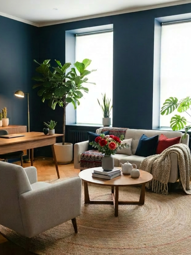 Therapist's office with navy walls, large windows, a white sofa with colorful pillows, a round wooden coffee table with a flower vase, a cream-colored armchair, a wooden desk with a lamp, and various potted plants.