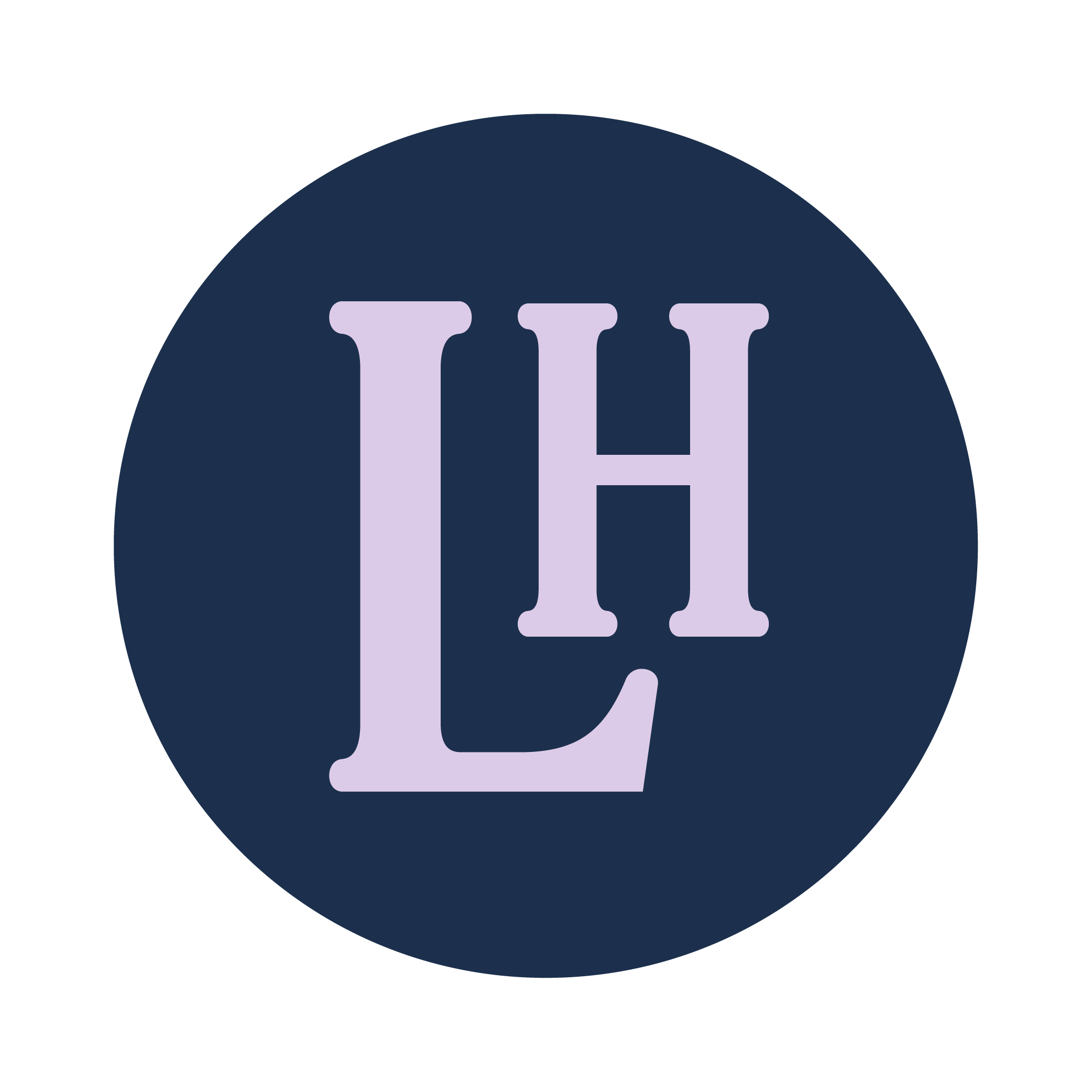 An icon for Leigh Hanna Therapy with a lavender L and H on a navy background.