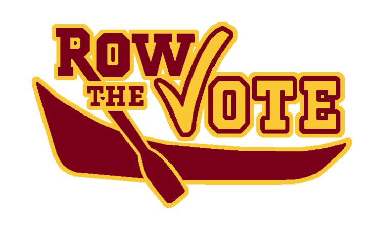 Logo for 'Row the Vote' featuring bold red and yellow text with a rowing oar and boat graphic.
