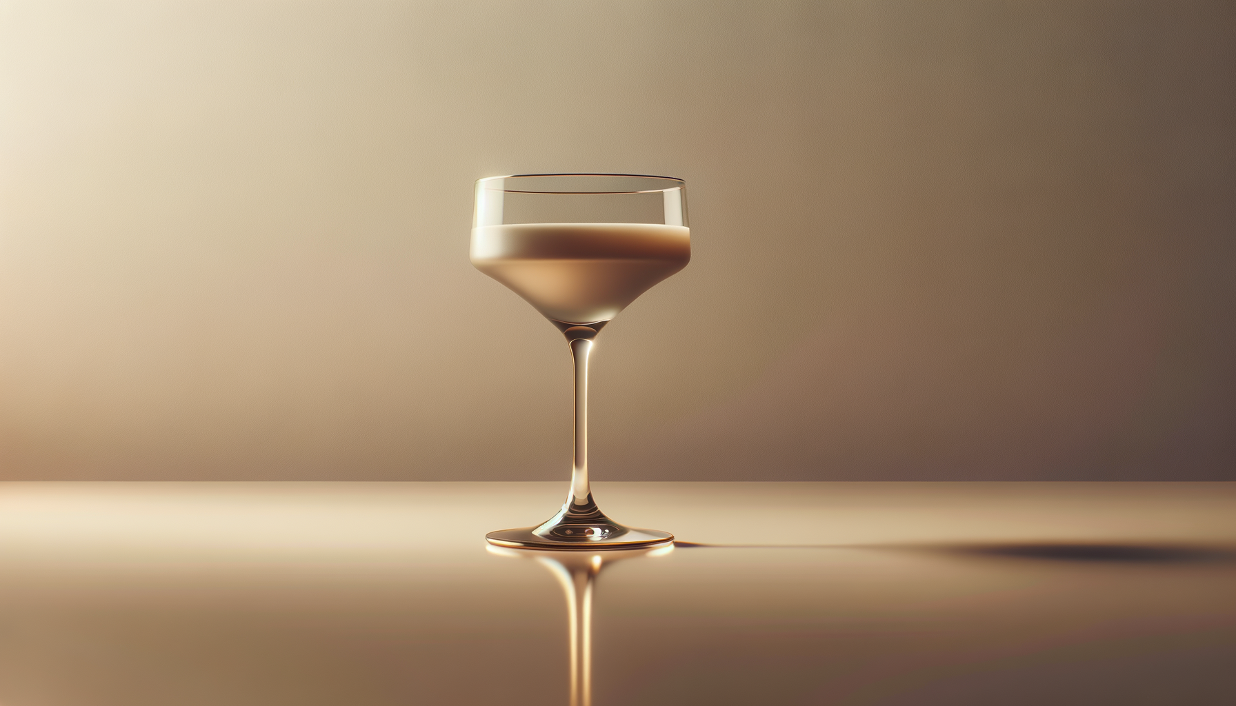 A glass of white wine on a table, with a blurred neutral background and a reflection on the surface.