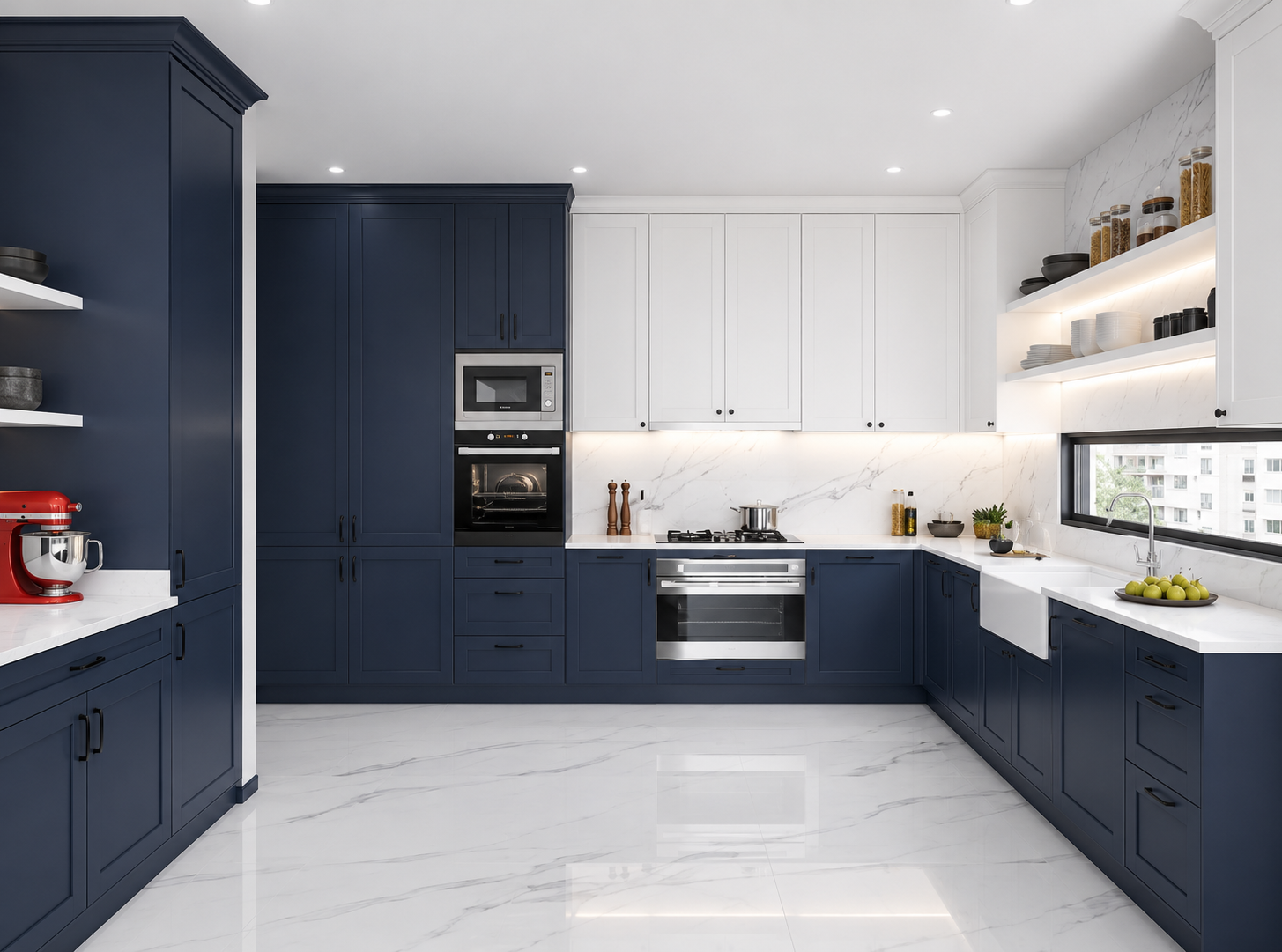Navy blue and white kitchen cabinetry with marble backsplash.