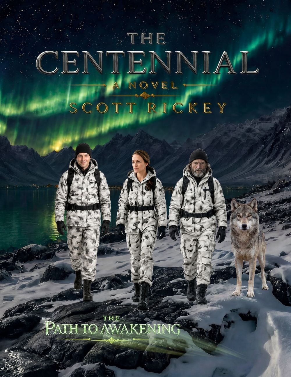The Centennial Cover Image showing three characters and a wolf walking down a fjord with an aurora in the background