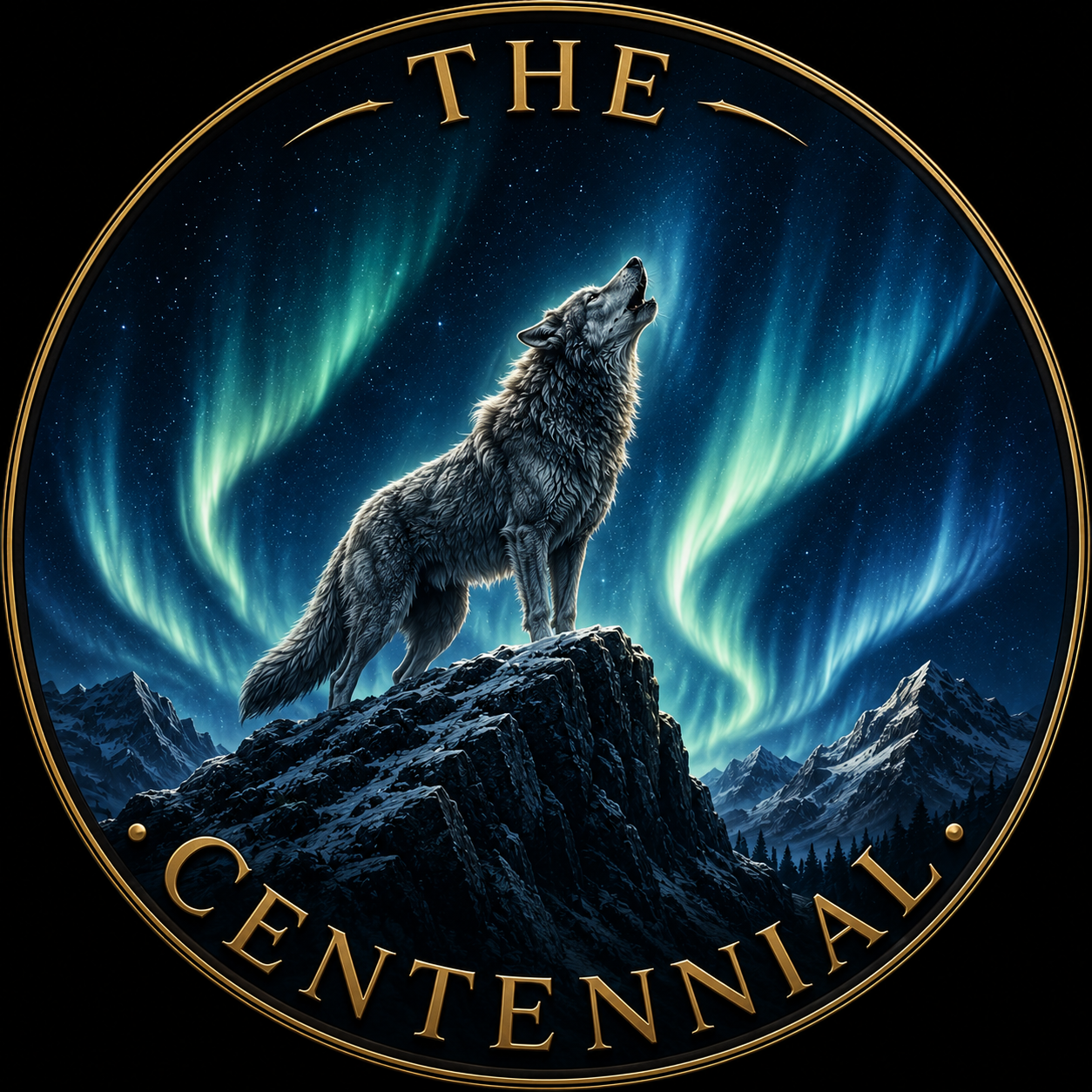 A commemorative medal featuring a howling wolf standing on a rocky mountain under a starry night sky with the Northern Lights, and the words 'THE CENTENNIAL' in gold lettering.