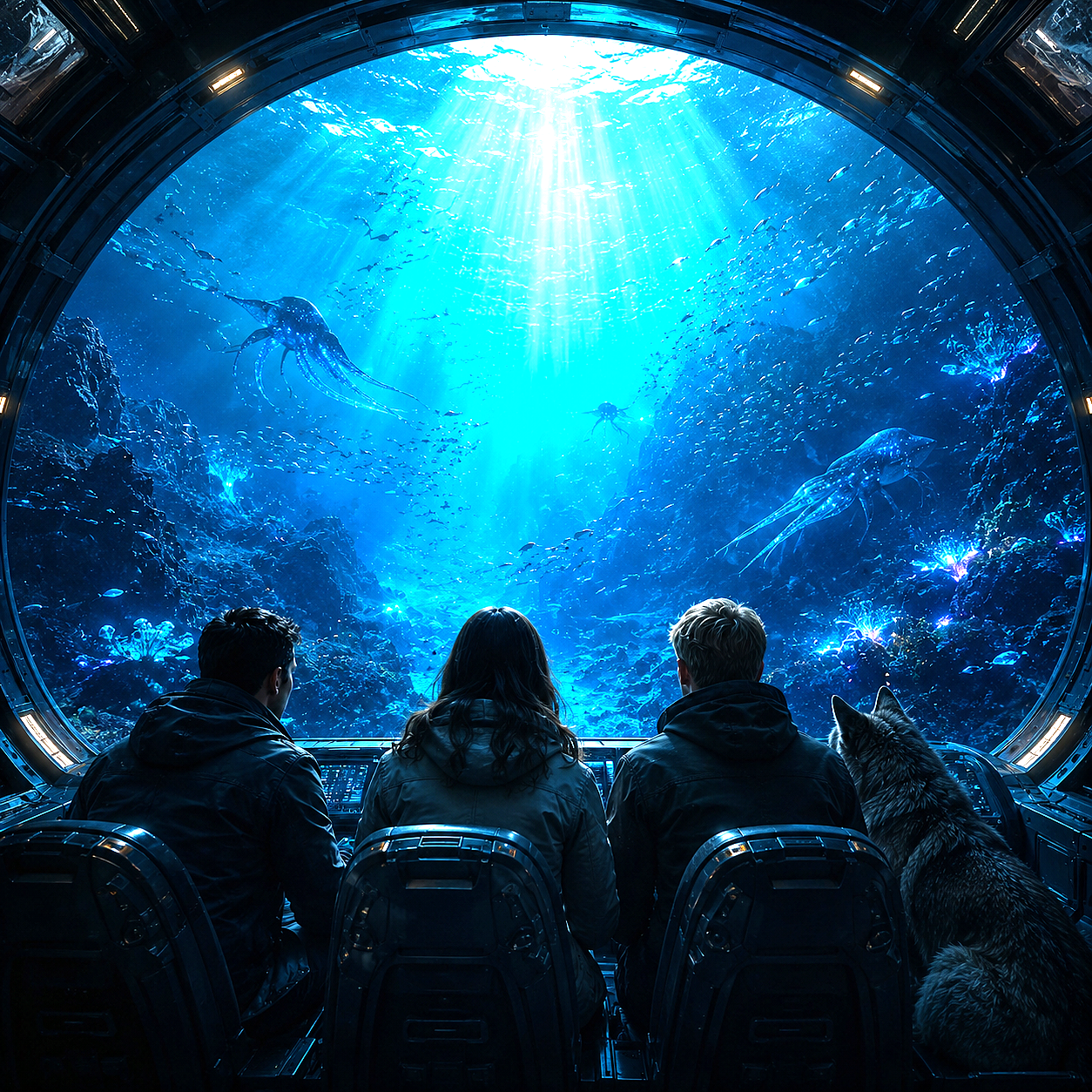 Three people and a dog sit in a submarine viewing dome, observing an underwater scene with large squid and marine life.