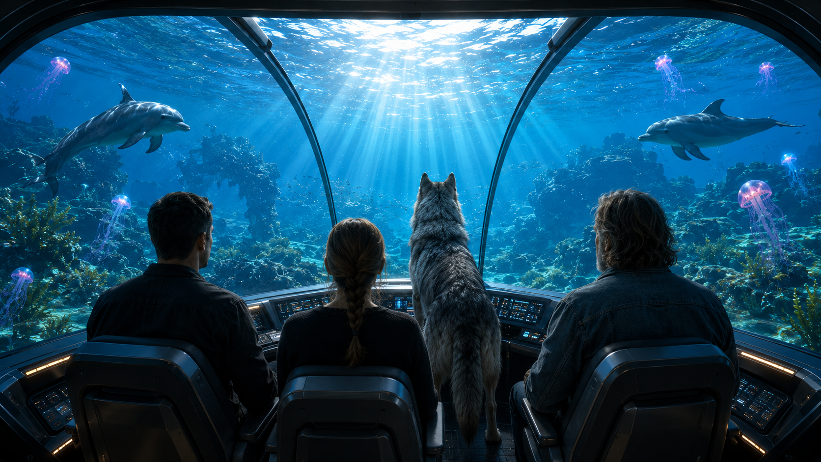 Three characters and a wolf in a submersible viewing the seafloor and a dolphin.
