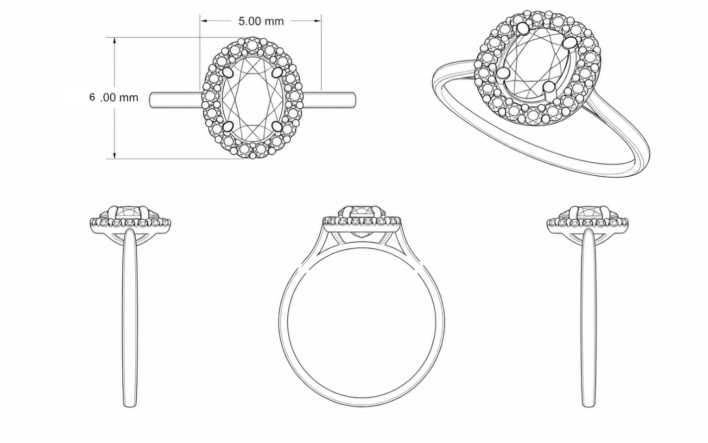 Technical drawing of a ring with measurements, showing top, side, and isometric views, featuring a central gemstone surrounded by smaller stones.
