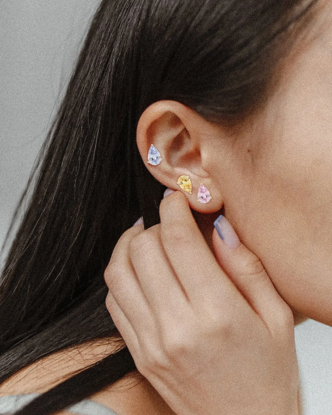 Yellow, blue and pink sapphire pear earrings in 14k gold