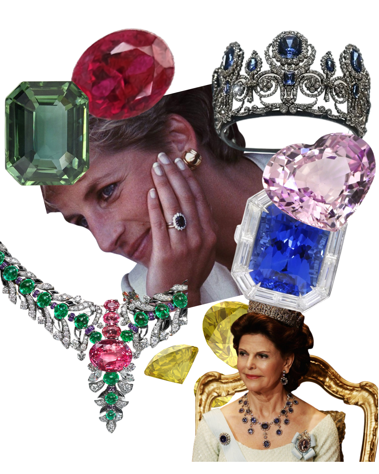 Collage of Queen Elizabeth II wearing jewelry, including a necklace, earrings, and a brooch, with various large gemstone images surrounding her, including a green emerald, red ruby, pink heart-shaped gemstone, blue rectangular gemstone, yellow gemstones, and a diamond crown.