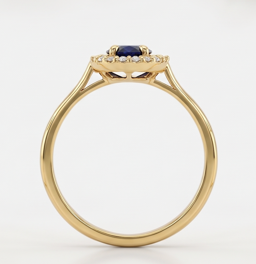 Gold ring with a blue gemstone and smaller diamonds surrounding it.