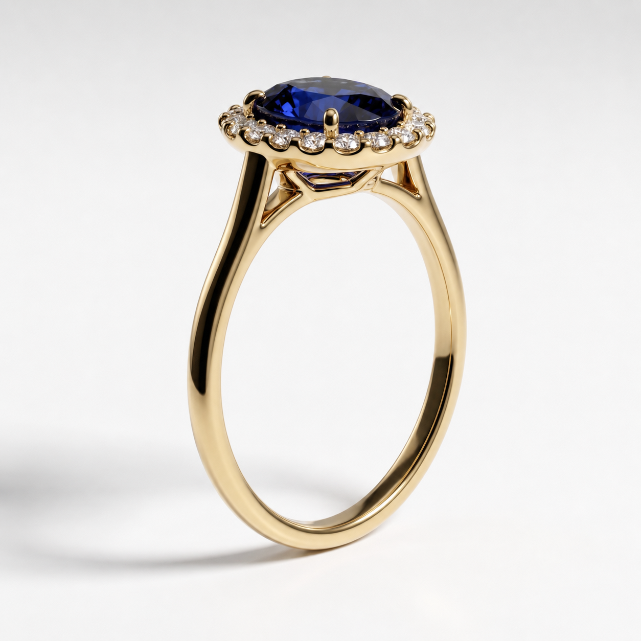 Gold ring with a large oval blue gemstone and surrounding small diamonds on a white background.