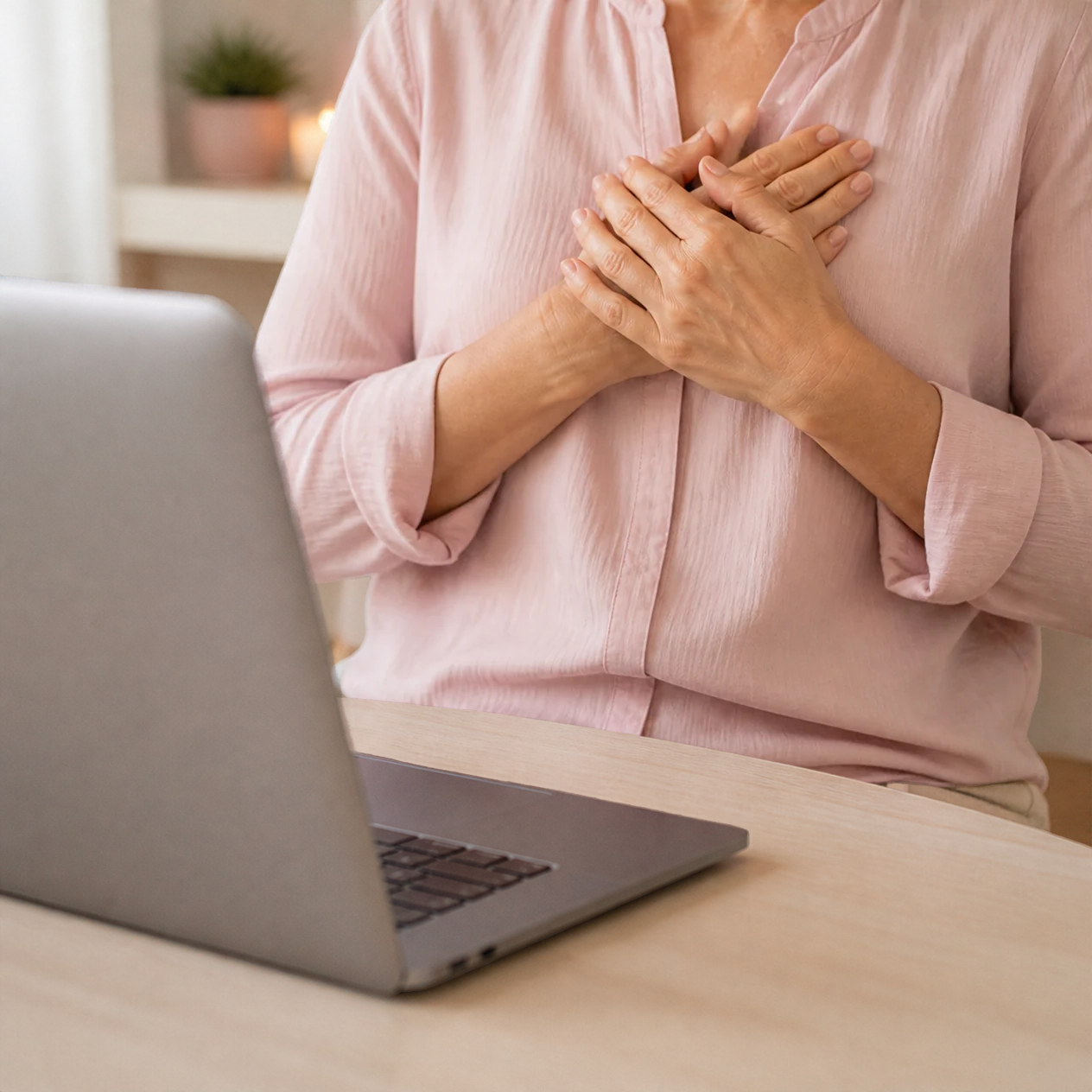 Persona con blusa rosa sosteniéndose el pecho en una habitación cerca de una laptop.