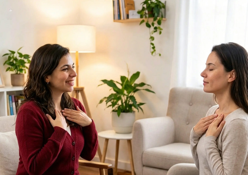 Dos mujeres en una sesión de terapia, una sonriente y la otra con los ojos cerrados y las manos en el pecho, en un ambiente acogedor con plantas y luz cálida.