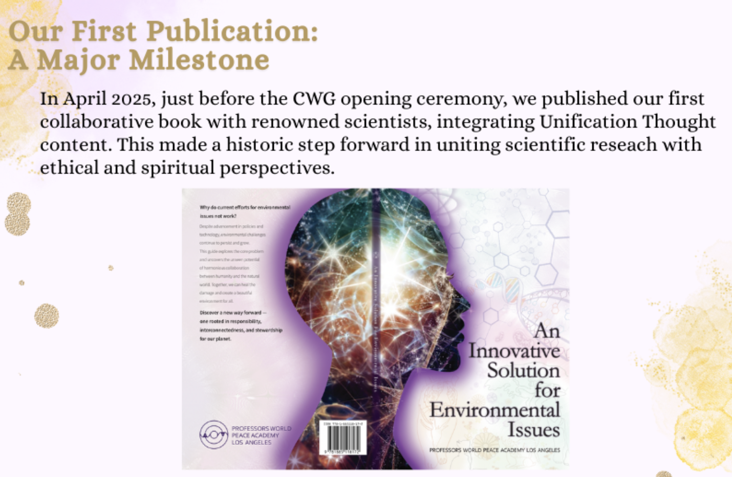 Cover of a book titled 'An Innovative Solution for Environmental Issues' featuring a silhouette of a human head with a colorful, networked, galaxy-like illustration inside, and a barcode at the bottom.