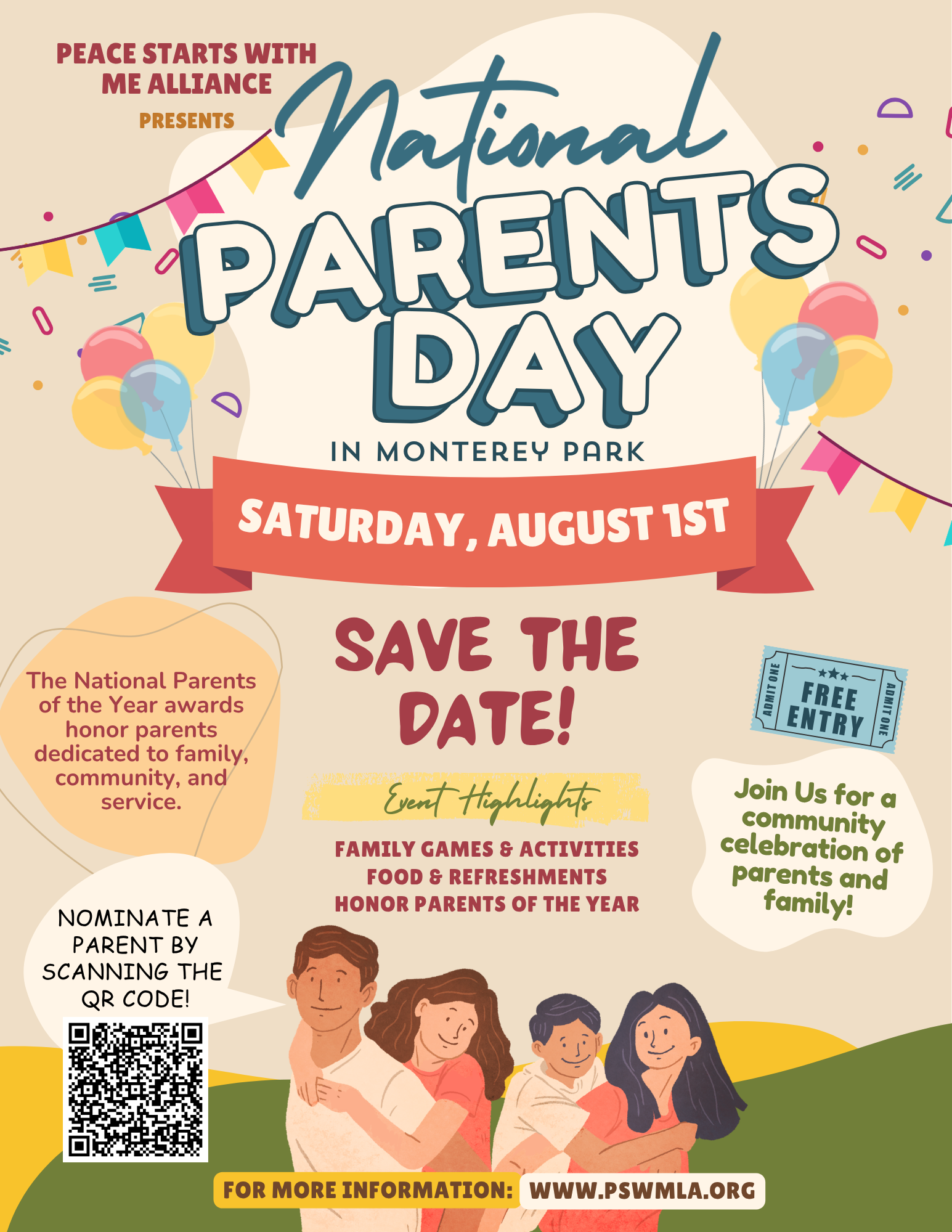 Flyer for the National Parents Day celebration in Monterey Park on Saturday, August 1st, organized by Peace Starts with Me Alliance. Features colorful balloons, flags, and an illustration of diverse parents and children hugging. Highlights include family games, food, refreshments, honoring parents, and community recognition.