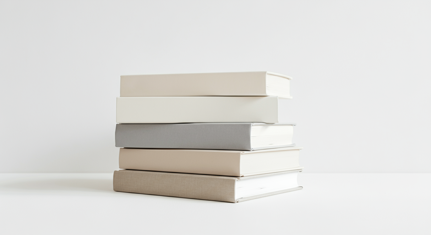 A neatly stacked pile of five books placed on a white surface against a white background.