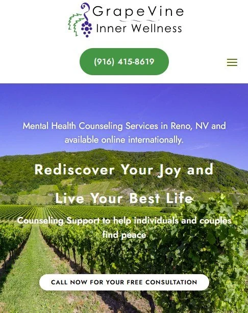 Grape Vine Inner Wellness website homepage with logo, phone number, and a scenic vineyard background, offering mental health counseling services in Reno, Nevada, and online.