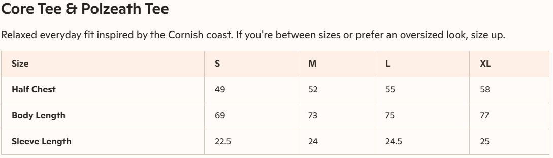 Zeath Surf Co size guide for core and polzeath tee, showing half chest, body lenght and sleeve length in centimetres.