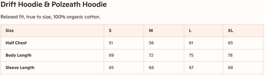 Zeath Surf Co size guide for drift hoodie and polzeath hoodie showing half chest, body length and sleeve length in centimetres.