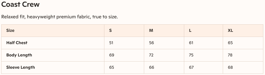 Zeath Surf Co size guide for coast vrew sweatshirt showing half chest, body length and sleeve length in centimetres.