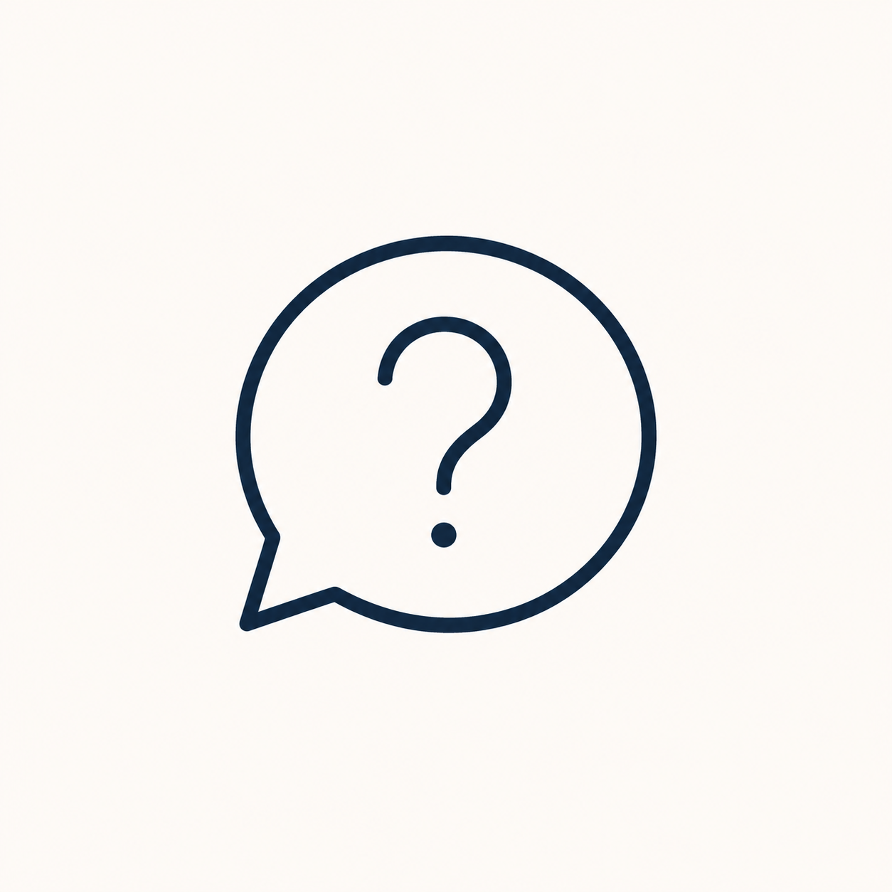 A speech bubble with a question mark inside, outlined in dark blue on a plain white background.