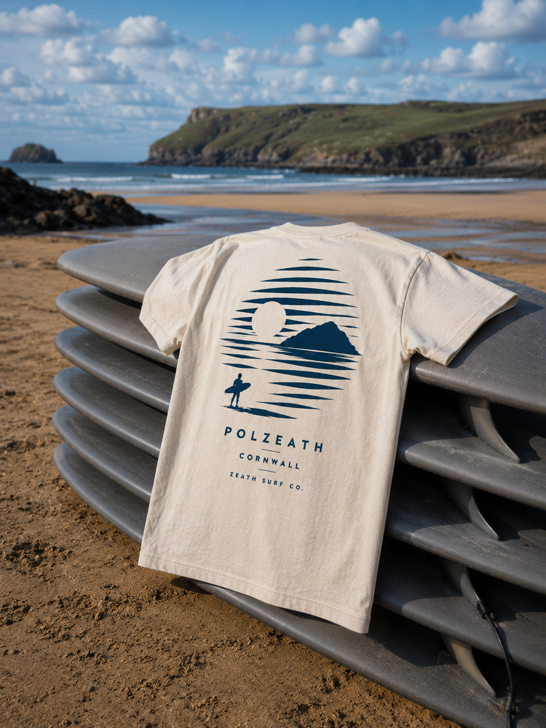 A stack of surfboards on a sandy beach with a T-shirt draped over them, featuring a graphic of a mountain, sunset, and surfer, with the text "POLZEATH CORNWALL ZEATH SURF CO." and a scenic coastline in the background.