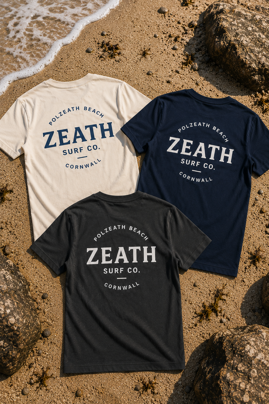 Three t-shirts lying on sandy beach with rocks, seaweed, and ocean waves nearby.